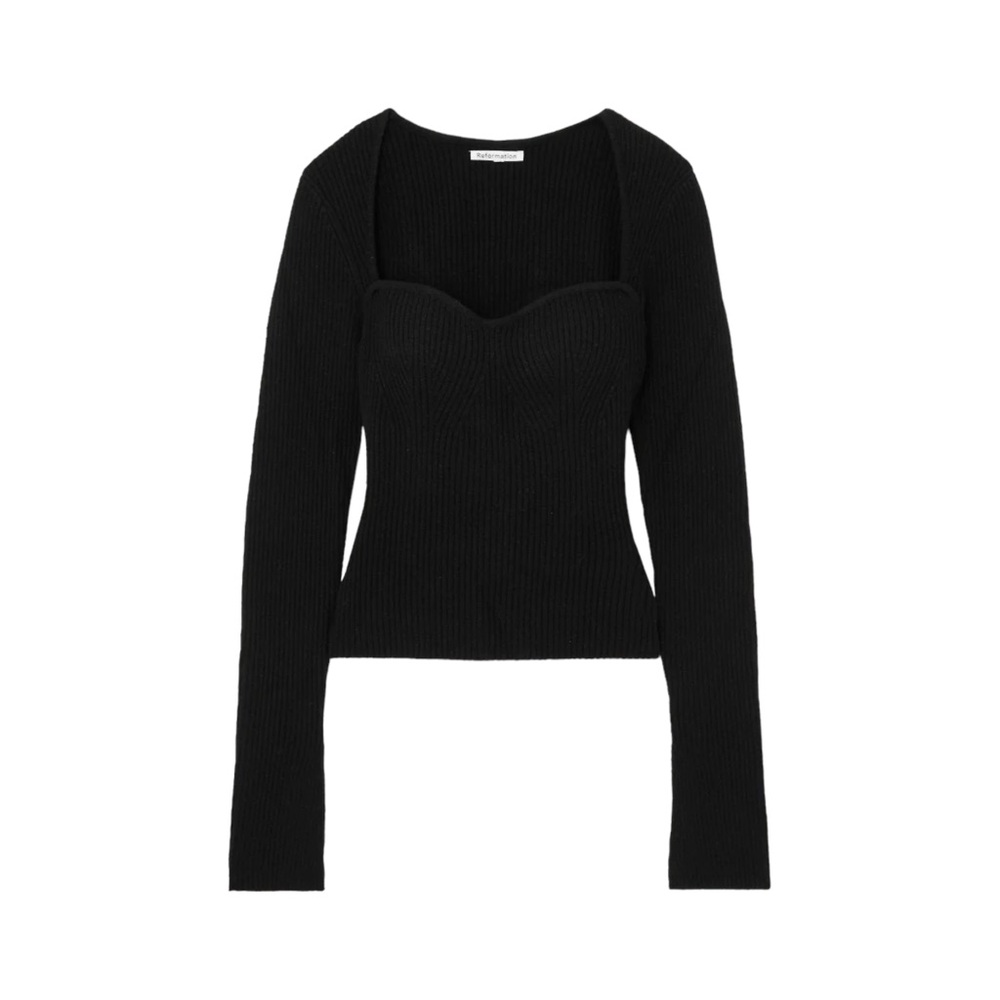 REFORMATION Glenna Ribbed Cashmere Sweater, Black, 2X